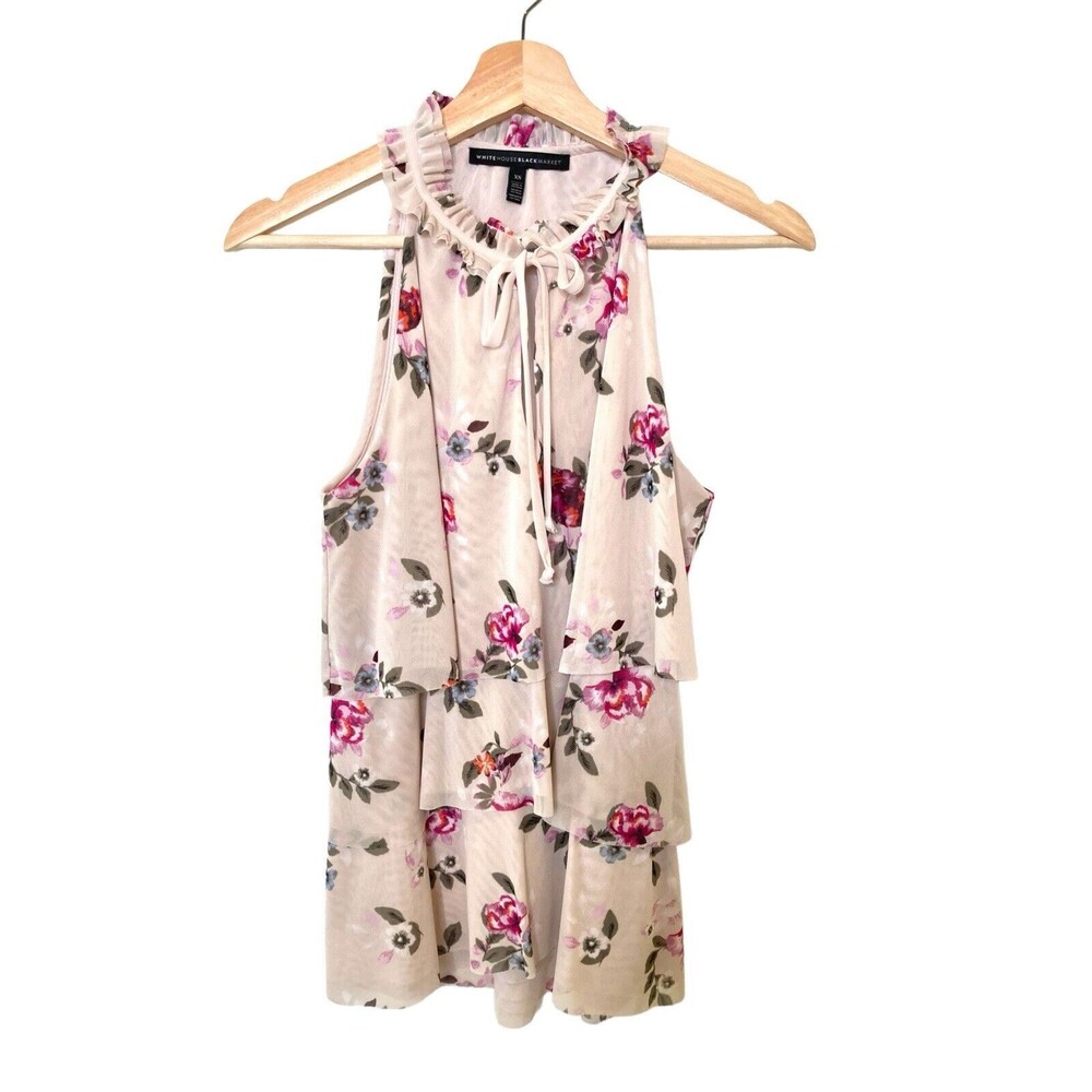 White House Black Market Sleeveless Sheer Layered Floral Halter Tank Top XS